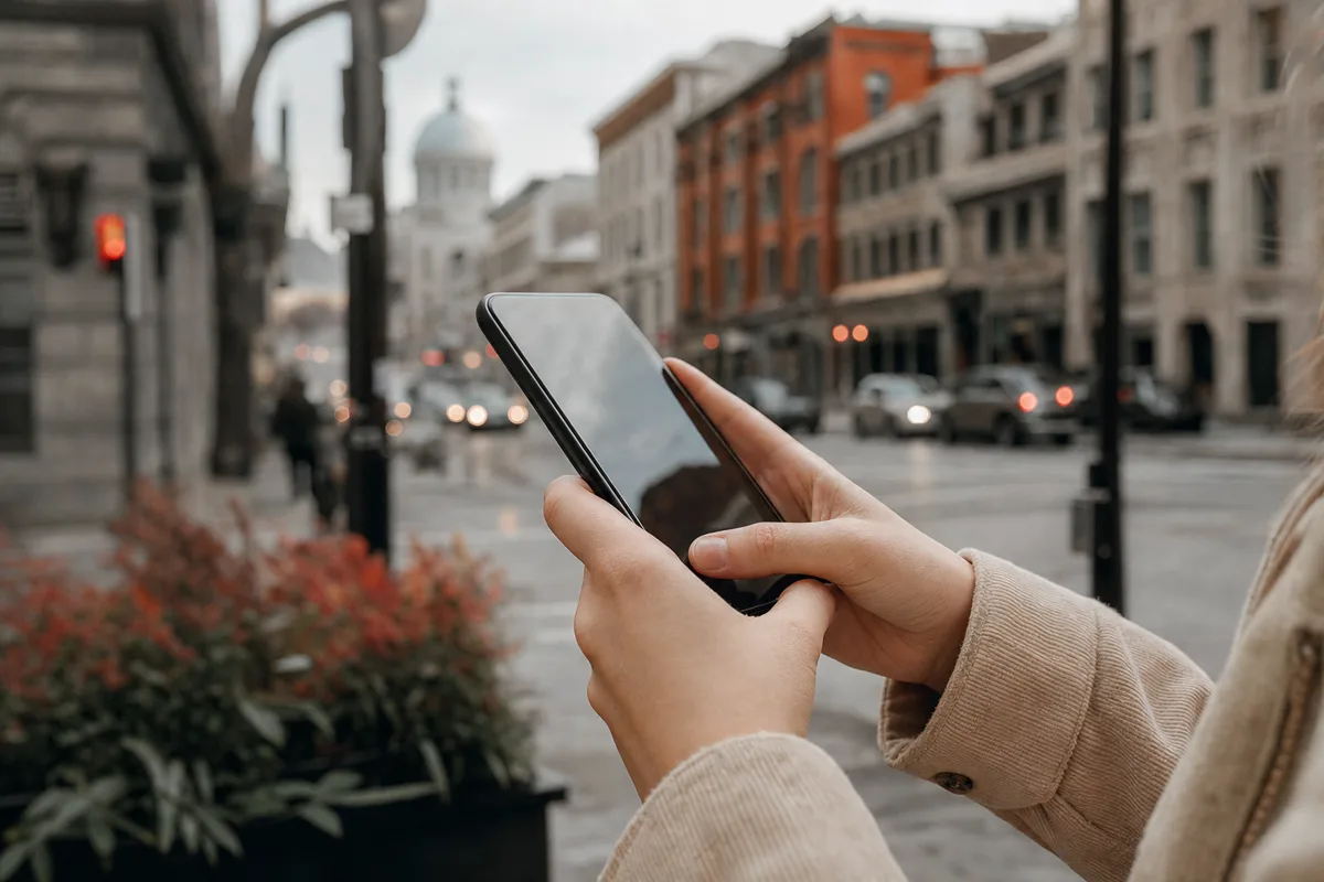Personne consultant son forfait cellulaire sur son téléphone dans une rue de Montréal