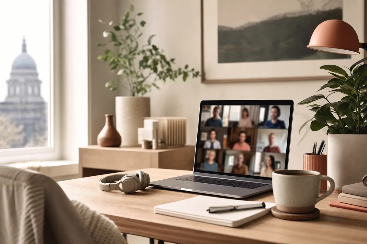 Bureau à domicile avec ordinateur portable en visioconférence