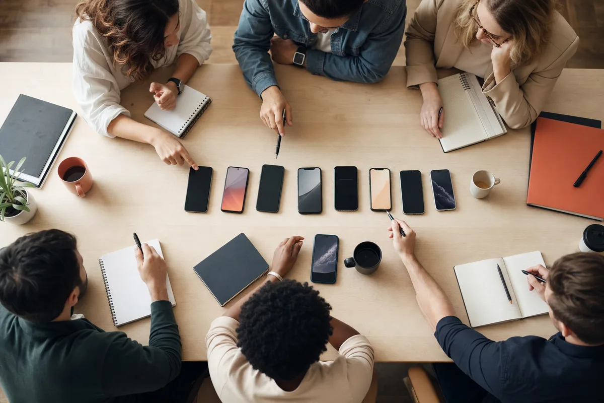 Téléphones d'entreprise alignés sur une table de réunion, gestion de flotte mobile