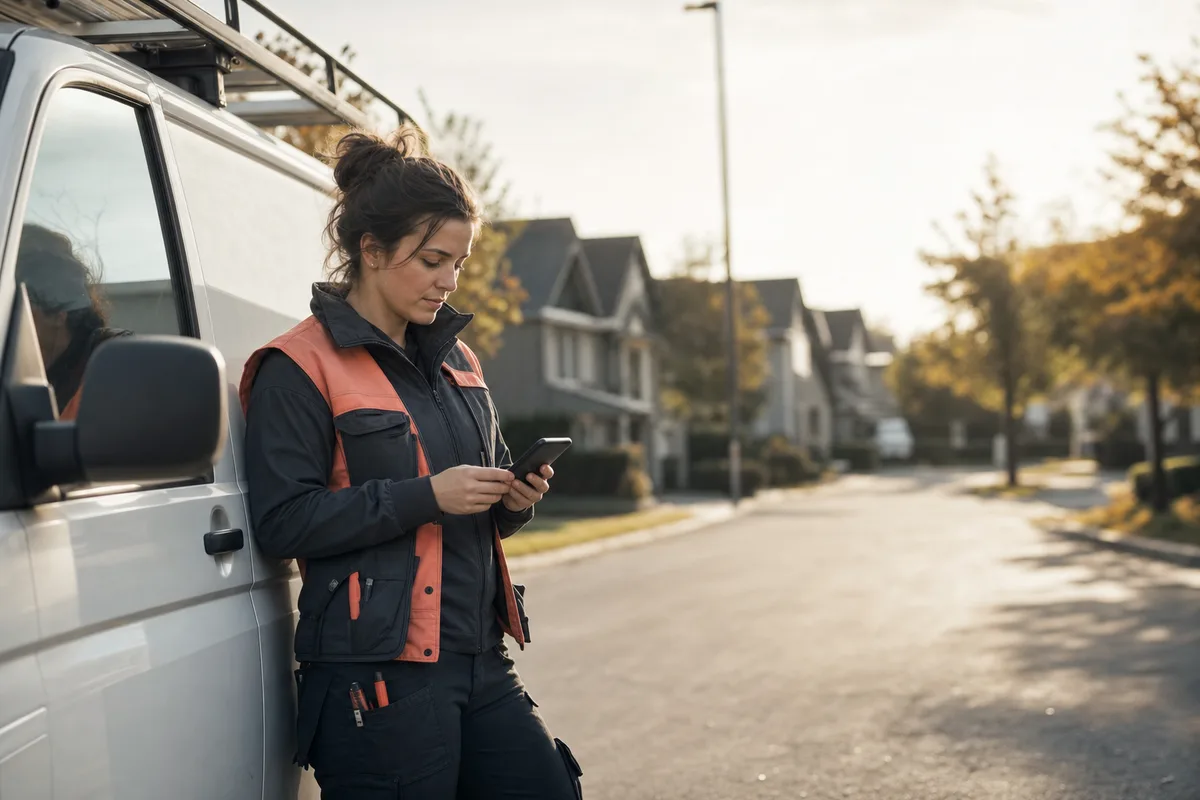 Technicienne mobile connectée sur son cellulaire d'entreprise près de son véhicule de service