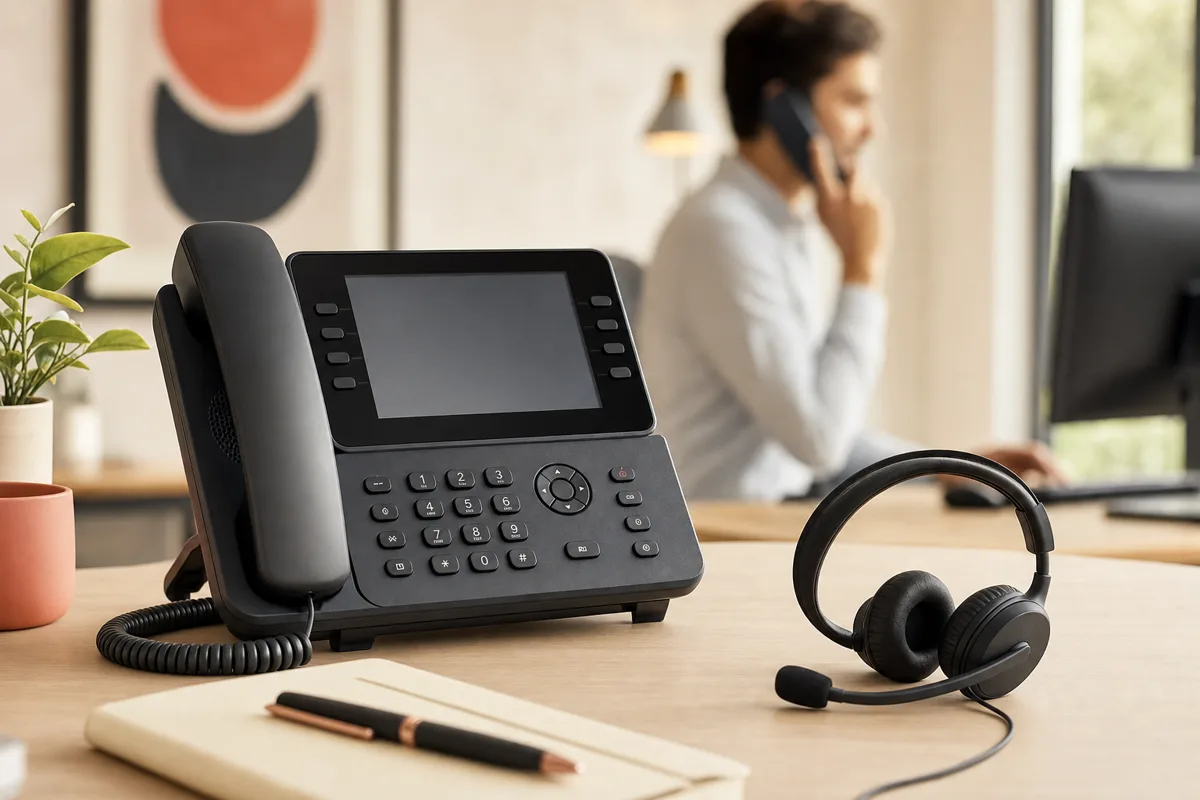 Téléphone IP de bureau et casque d'écoute pour la gestion des appels